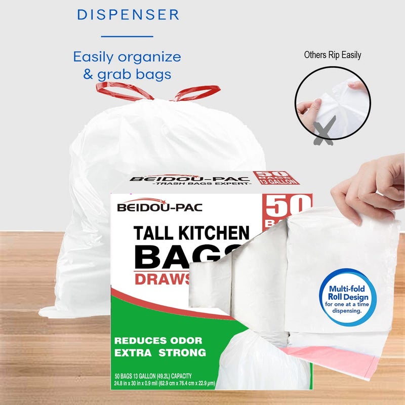 BEIDOU-PAC Trash Bags 13 Gallon Drawstring, 50 Count Garbage Bags, Tall Kitchen Trash Bags, Odorless & Extra Strength White Plastic Food Scrap Bag for Home Office Bathroom Kitchen Bins - Image 2